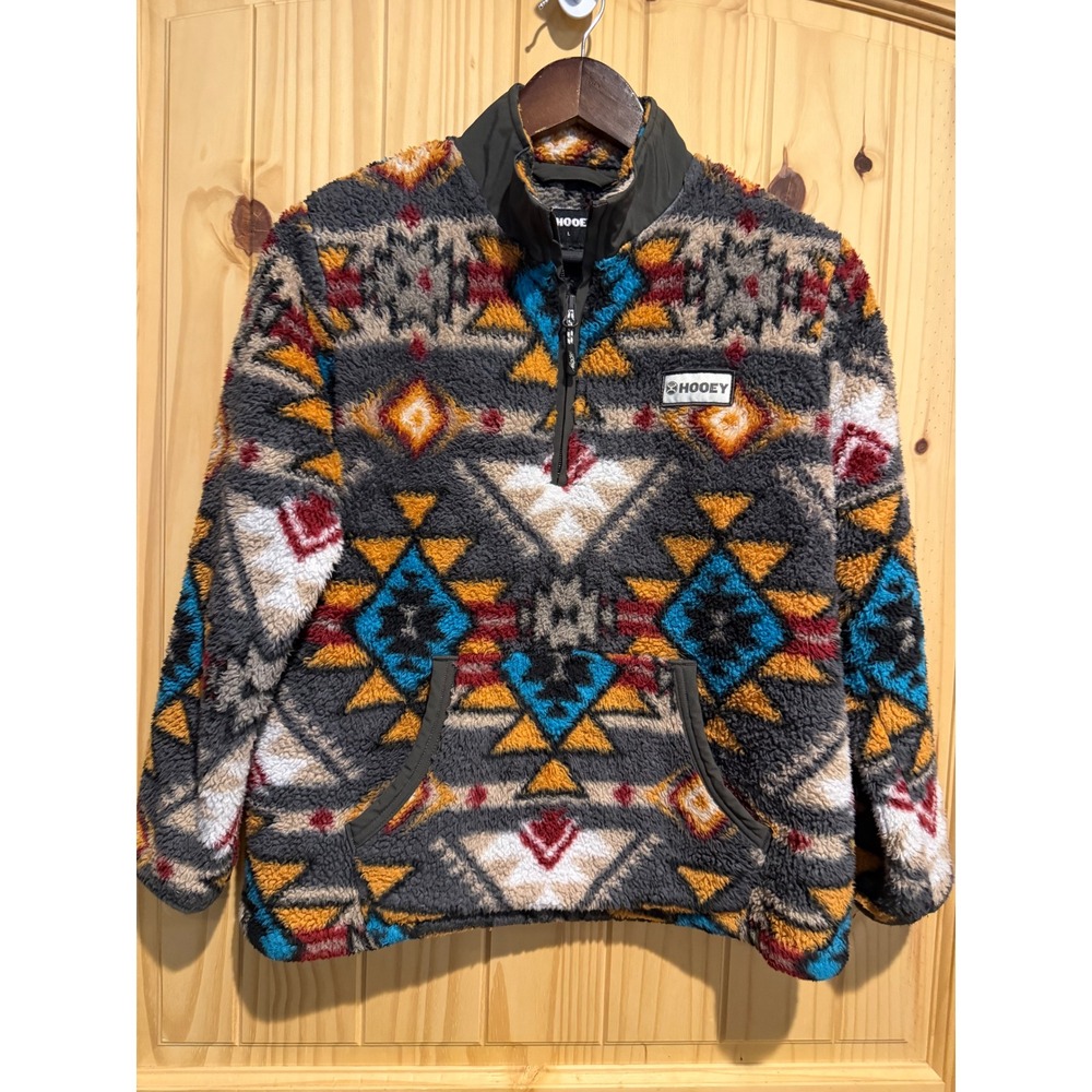 Hooey Boys Aztec Southwestern Sherpa Fleece Quarter Zip Pullover Grey Large